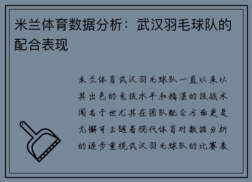 米兰体育数据分析：武汉羽毛球队的配合表现